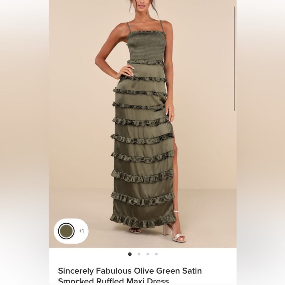 Sincerely Fabulous Olive Green Satin Smocked Ruffled Maxi Dress